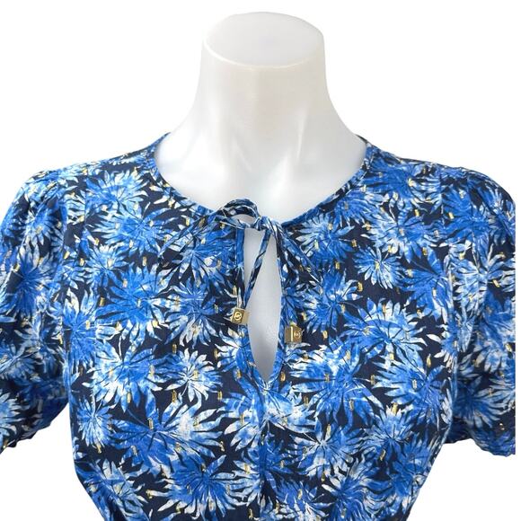 Michael Kors Blue Floral Metallic Keyhole Tie Shorts Sleeve Peplum Blouse Top S - Picture 4 of 6